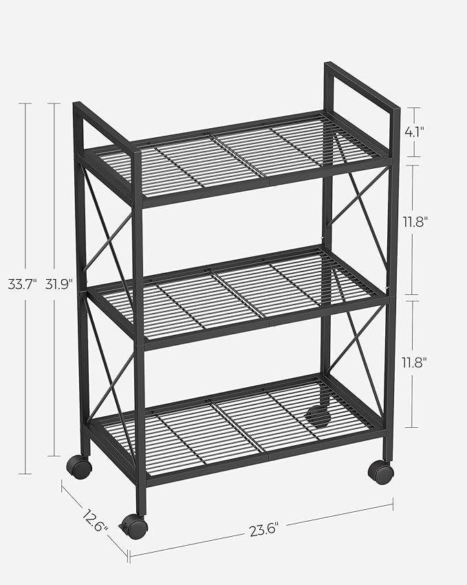 SONGMICS 3-Tier Metal Storage Rack with Wheels, Mesh Shelving Unit with X Side Frames, 23.6-Inch Width, for Entryway, Kitchen, Living Room, Bathroom, Industrial Style, Black UBSC163B01