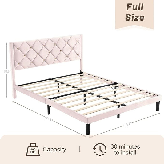 Full Size Platform Bed Frame with Velvet Upholstered Headboard and Sturdy Wooden Slats Support,Mattress Foundation,Easy Assembly, No Box Spring Needed,Slip Resistant (Pink, Full)