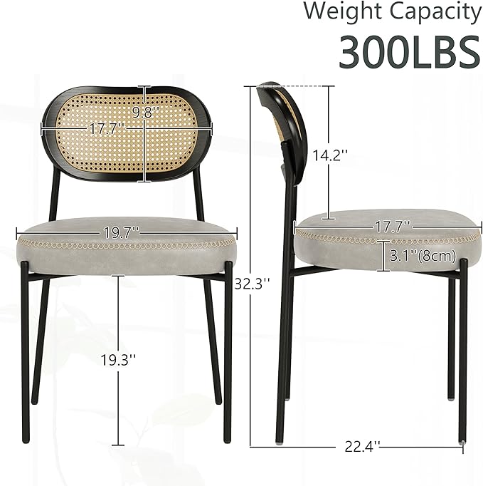 Rattan Dining Chairs Set of 4, Beige Leather Upholstered Dining Chairs with Rattan Cane Back, Mid Century Modern Dining Room Chairs with Black Metal Legs & D-Shaped Thicken Cushion, Beige