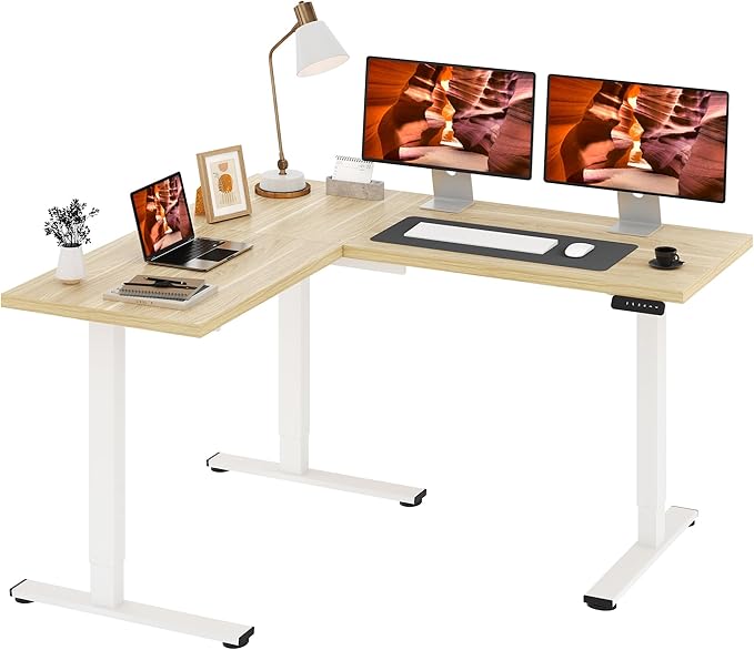 L-Shaped Standing Desk, 63 x 55 Inches Height Adjustable Desk, Sit and Stand up for Work Office Home, Ergonomic Rising Computer Table for Home Office with Splice Board, Maple