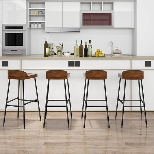 COSTWAY Bar Stool Set of 4, 29'' Industrial Pub Stool with Low Backrest and Footrest, Metal Legs, Breakfast Counter Height Chair for Island Living Room Kitchen Bar, Rustic Brown & Black