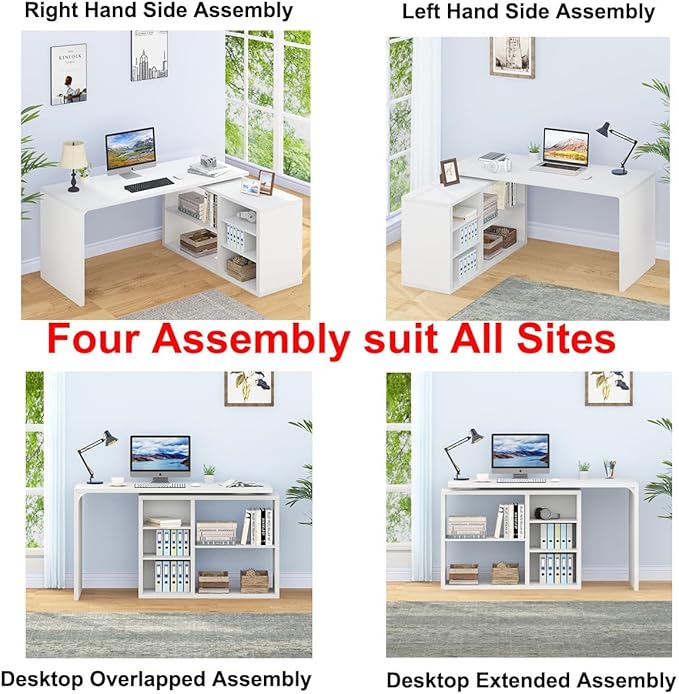 HSH White L Shaped Desk with Shelf, Reversible Modern Home Office Desk Workstation, L Shape Computer Desk with Storage Cabinet Drawer, Industrial Wood Corner Table for Work Study Writing Gaming, 55 In