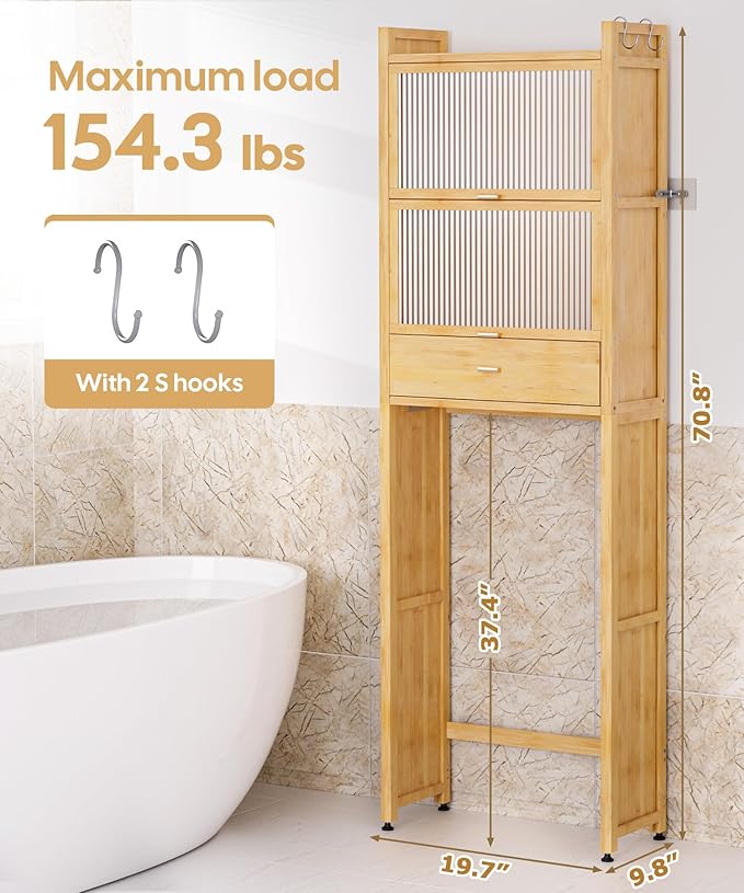 Over The Toilet Storage Shelf with Drawer, Above Bamboo Bathroom Organizer Cabinet with Anti-Tip and Waterproof Feet Pad Design, Freestanding Shelf for Bathroom (Bamboo)