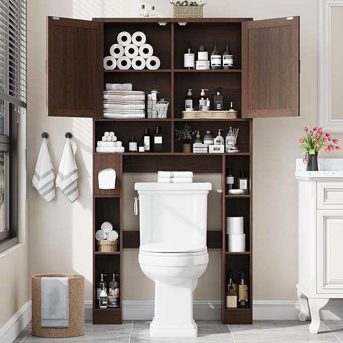 Over The Toilet Storage Cabinet, Farmhouse Storage Cabinet Over Toilet with 2 Barn Doors ,Toilet Paper Holder Stand,Home Space-Saving Toilet Rack, for Laundry, Restroom, Bathroom.Espresso