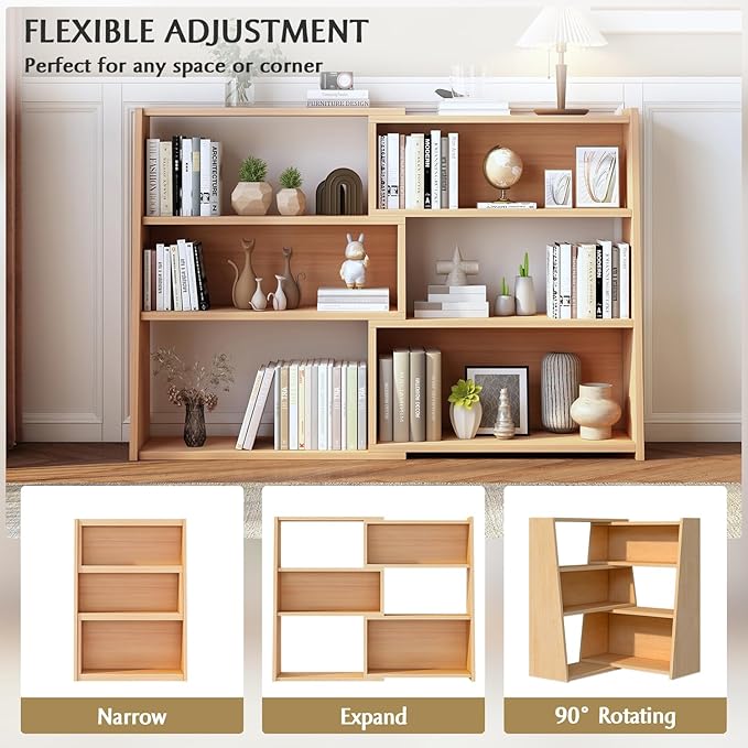 IOTXY Wooden Extendable Shelf Bookcase - 3-Tier Ladder Low Short Bookshelf for Small Space or Corner, Oak, L