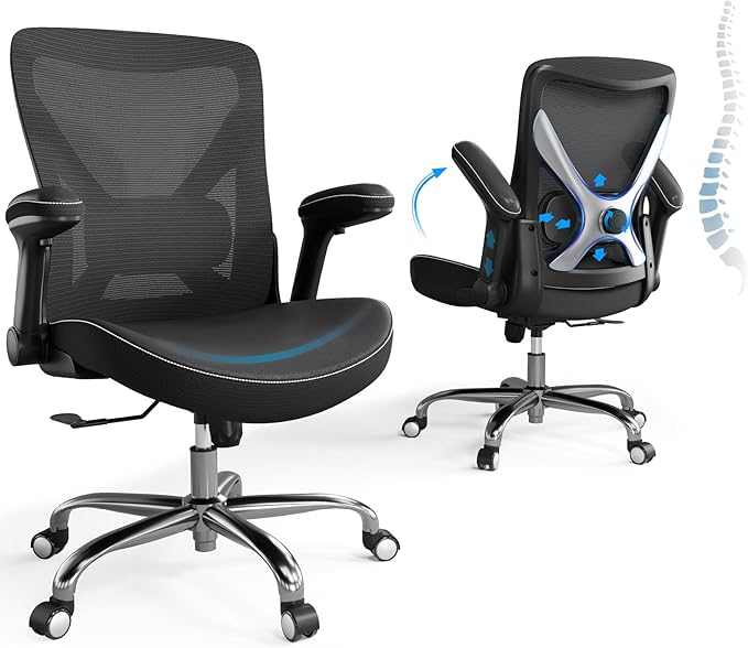 Office Home Ergonomic Desk Chair-Computer X-Shaped Chair Mesh PU Leather with Adjustable Lumbar Support-Executive Chair High Back Flip-Up Arms for Long Hours (Black-Silver-No Headrest)