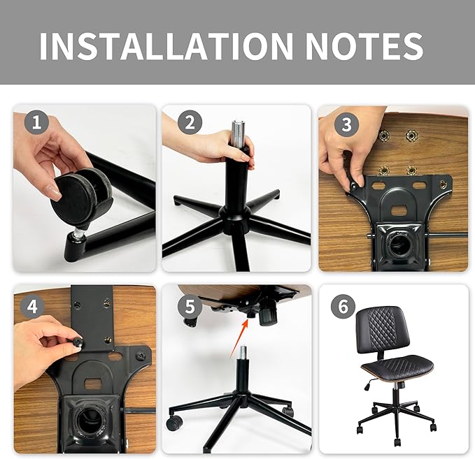 Modern Black Home Office Chair – Armless Mid-Back Desk Chair with PU Leather, Adjustable Height, Swivel Wheels, Walnut Wood Finish, Perfect for Small Spaces
