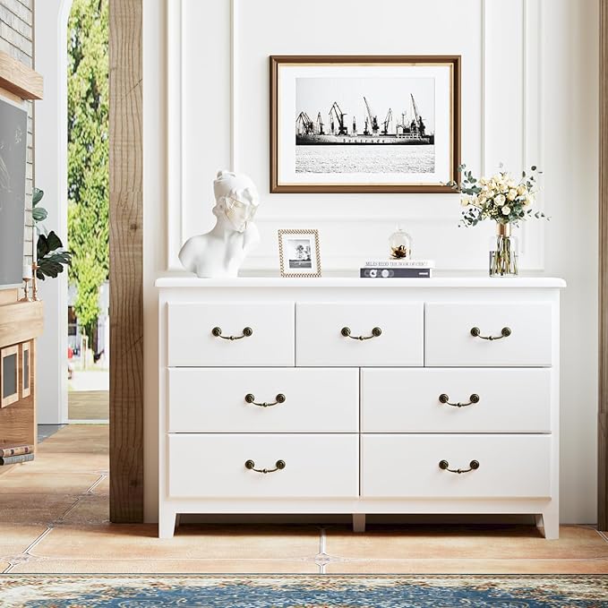 White Dresser for Bedroom, Modern 7 Drawer Double Dresser with Vintage Gold Antique Handles, Chest of Drawers for Bedroom, Antique White