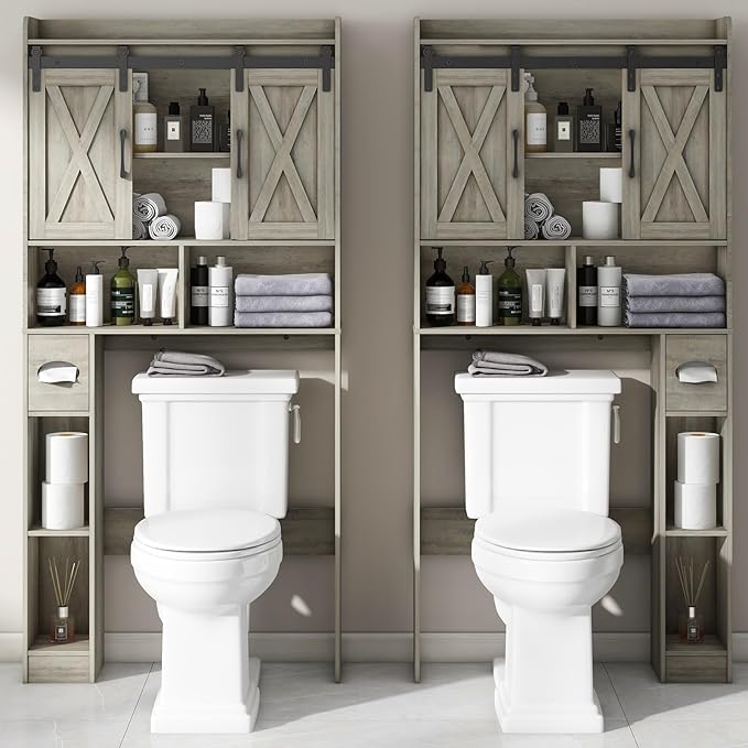 Vabches Over The Toilet Storage Cabinet, Farmhouse Storage Cabinet Over Toilet with Sliding Door& Toilet Paper Holder Stand,Home Space-Saving Toilet Rack, for Bathroom, Restroom, Laundry