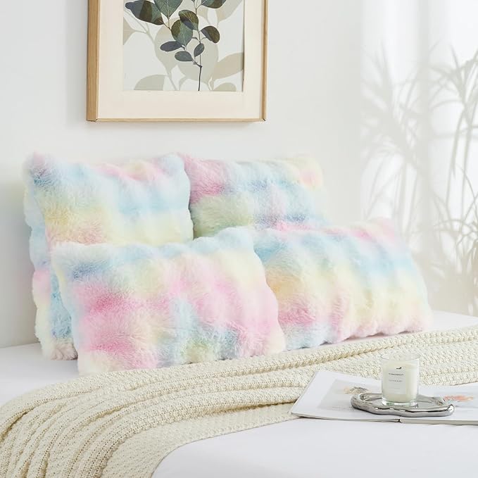 FUTEI Rainbow Decorative Throw Pillow Covers 16x16 Inch Set of 2,Soft Fuzzy Faux Rabbit Fur Cushion Covers with Raised Texture,Neutral Boho Home Decor for Couch Bed Living Room
