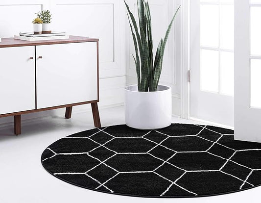 Unique Loom Trellis Frieze Collection Area Rug - Geometric (4' 1" Round, Black/ Ivory)