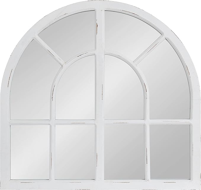 Kate and Laurel Boldmere Modern Farmhouse Wide Windowpane Arched Mirror; 30 x 29; White; Decorative Vintage Inspired Window Mirror for Farmhouse Wall Decor