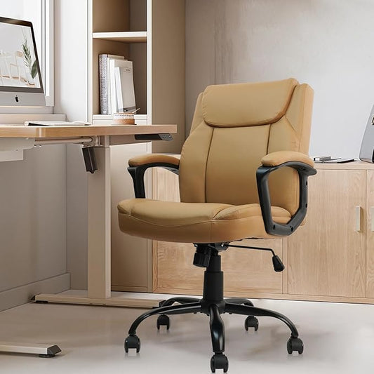 CLATINA Brown Office Chair Computer Chairs PU Leather Executive Office Chairs Swivel Adjustable Height Chair with Upholstery Fixed armrest Mid-Back Leather Thick Cushion Office Chair Brown 1Pack