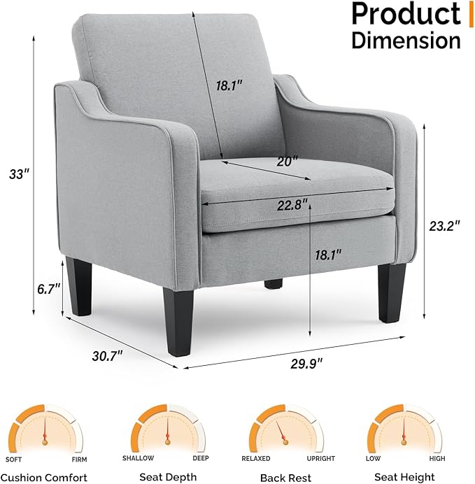 VINGLI Accent Chairs for Living Room, Line Comfy Upholstered Sofa Chair Mid Century Modern Armchair for Bedroom, Home Office, Small Spaces, Apartment