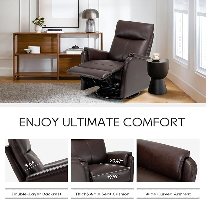 COLAMY Leather Swivel Recliner Chair with Footrest, Rocker Recliner Chair High Back with Double-Layer Cushion, Glider Recliner for Nursery & Living Room, Bedroom, Chocolate