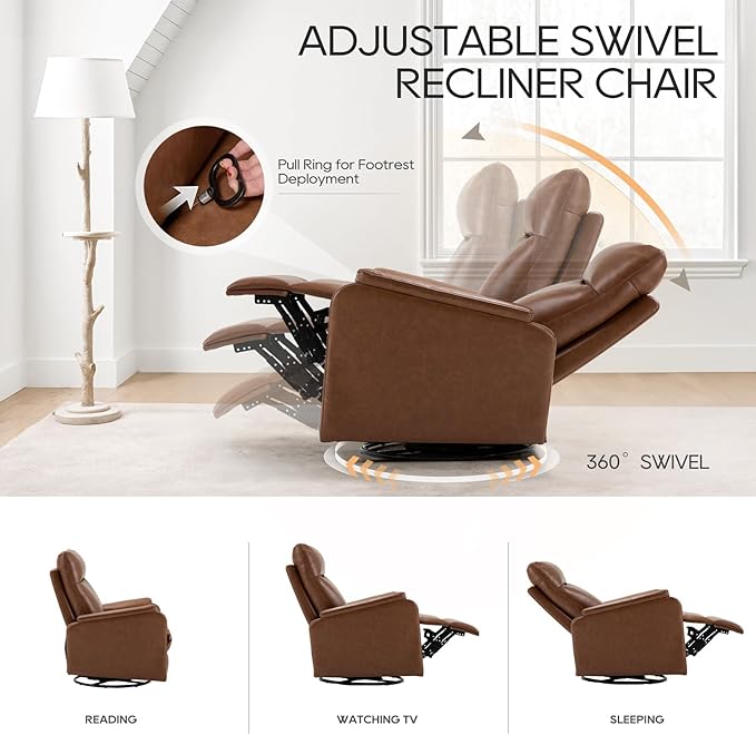 COLAMY Leather Swivel Recliner Chair with Footrest, Rocker Recliner High Back with Double-Layer Cushion, Glider Recliner for Nursery & Living Room, Bedroom, Cocoa