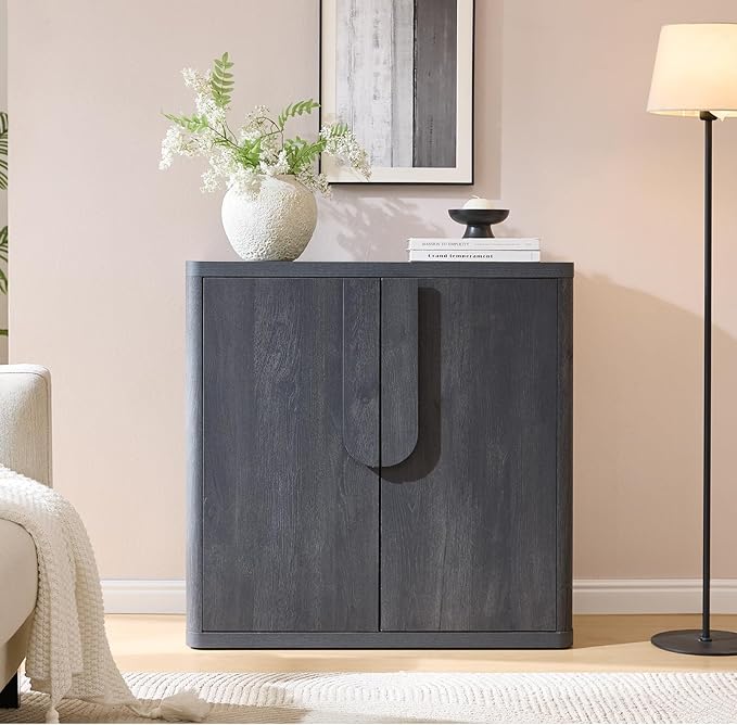 34.5'' Sideboard Buffet Cabinet W/Storage, Modern Accent Cabinets W/Curved Handles & Adjustable Shelves, 2 Doors Coffee Bar Buffet Table Credenza for Living Room Kitchen Hallway, Dark Grey