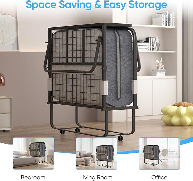 Mjkone Folding Bed with Mattress, Rollaway Bed for Adults with Headborad & Dustproof Bag, 5 Inch Portable Fold Up Bed for Guests with Casters, Foldable Frame, Space Saving for Bedroom(75" x 46")