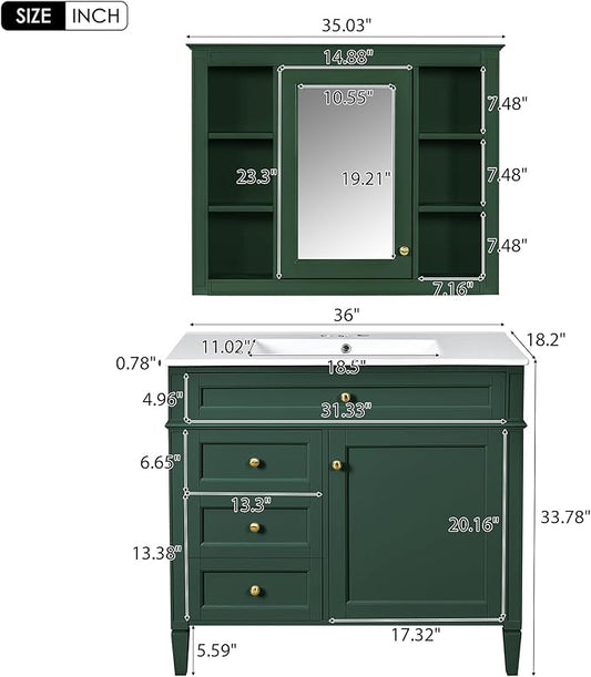 36" Bathroom Vanity with Matching Medicine Cabinet, Modern Sink Storage Cabinet with Drawers, Soft Closing Doors and Shelf, Bathroom Vanities with Sink & Mirror