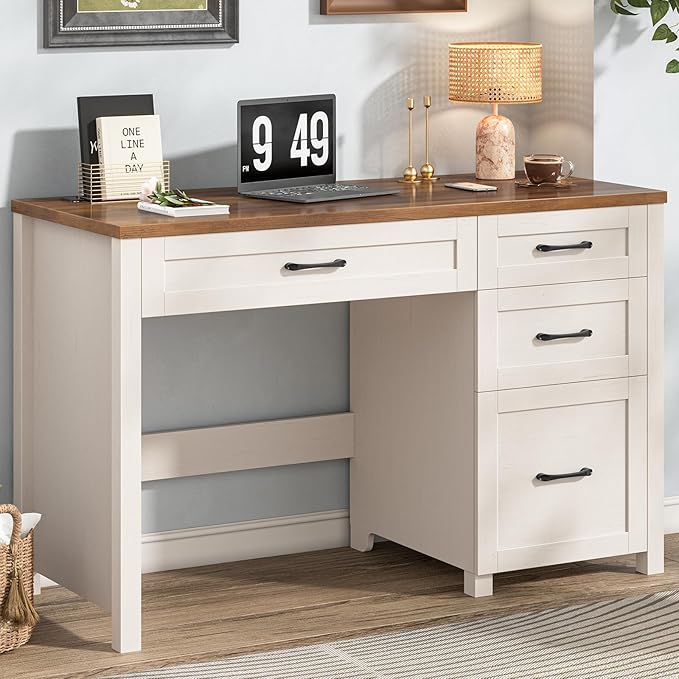 Vabches Farmhouse 47" Executive Desk with 4 Drawers, Computer Desk with File Drawer and Charging Station, Workstation for Home Office, Study.(Unique White)