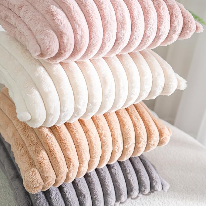 DEELAND Pack of 2 Faux Fur Plush Decorative Throw Pillow Covers Fuzzy Striped Soft Pillowcase Cushion Covers for Sofa Couch Bedroom 20x20 inch