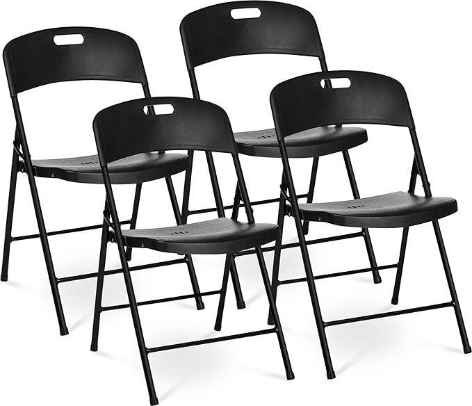 Oline Folding Chair, Indoor Outdoor Plastic Commercial Stackable Foldable Guest Chairs for Events Office Wedding Party Picnic Kitchen Dining, 350lb Capacity (Black, 4 Pack)