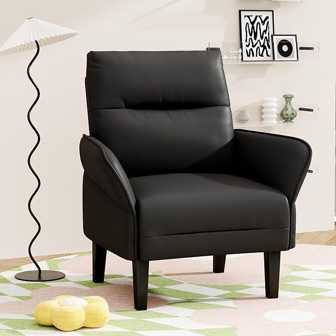 HAOBO Home Modern Black Accent Chair Upholstered Faux Leather Armchair for Bedroom Living Room Chairs Office Chair Leisure Chairs Set of 2