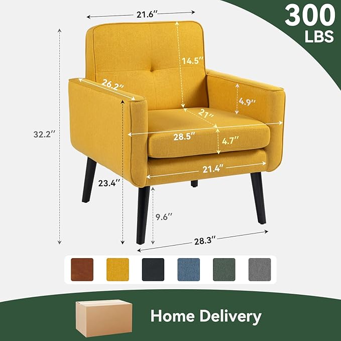 Mid Century Accent Chair, Fabric Modern Chair with Wooden Frame, Cozy Armchair Reading Chair with Comfy Back for Apartment, Living Room, Bedroom, Waiting Room, Small Space, Corner, Yellow