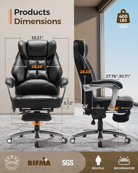Big and Tall Office Chair 400lbs with Massage and Heat, 23.5" Wide Leather Office Chair with Back Support, Ergonomic Comfort 140° Reclining Desk Chairs Managerial Chairs for Heavy People