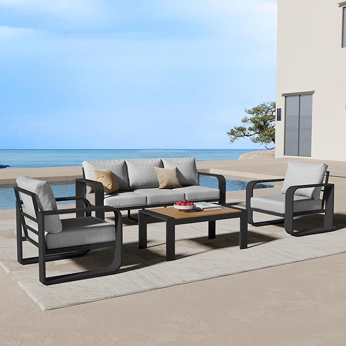 Aluminum Outdoor Patio Furniture Set 4 Piece, Oversized Patio Conversation Sets Widened Armrest & Ultra-Thick Cushions, Deep Seating Modern Sectional Furniture for Backyard, Porch, Gray