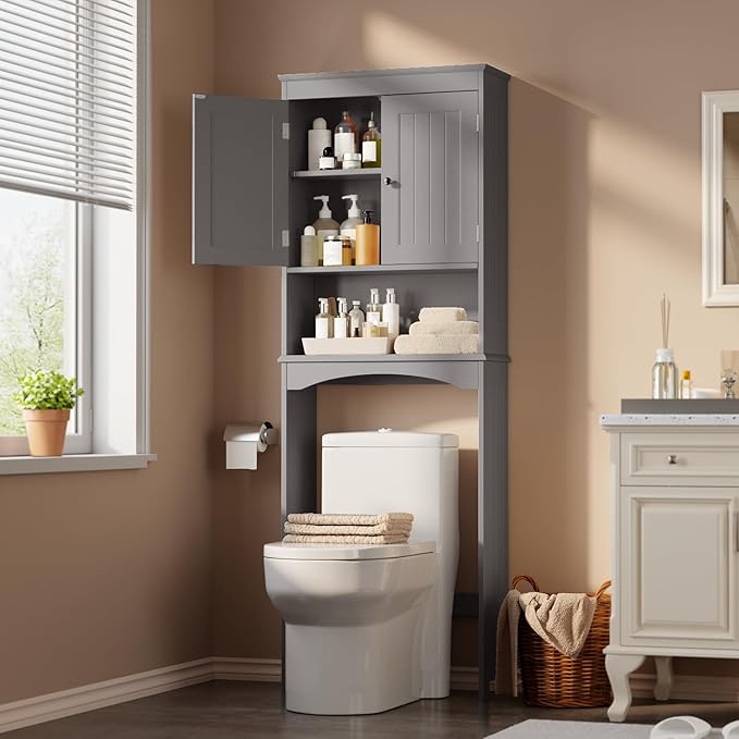 Gizoon Over The Toilet Storage Cabinet with Adjustable Shelf and Double Doors, Bathroom Space Saver Organizer Above Toilet with Open Shelf, Taller Wooden Free Standing Toilet Rack -Grey