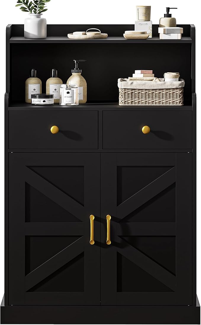 Storage Cabinet with Doors and Shelves, Bathroom Cabinet with 2 Drawers, Farmhouse Black Storage Cabinet, Kitchen Cabinet Cupboard for Living Room, Kitchen, Entryway, Home Office