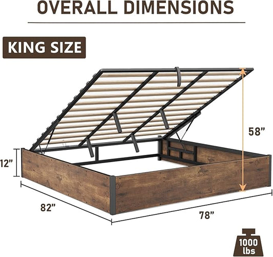 Lift Up Storage Bed Frame, King Size Wooden Platform Bed with Large Storage Underneath, No Box Spring Needed, Noise Free, Rustic Brown