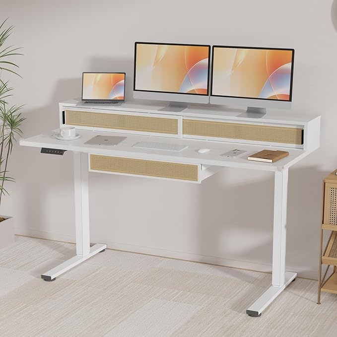 FLEXISPOT Q4 One-Piece Standing Desk with Rattan Drawers, 55 x 24 Inch Adjustable Height, Electric Stand Up Table with Monitor Shelf, Home Office Ergonomic Computer Desk with Memory Presets, White