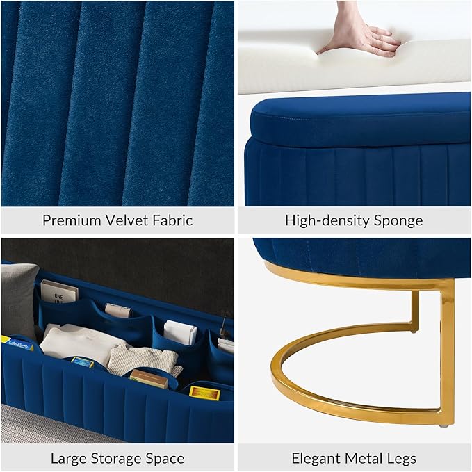 EcoHarbor Living 55.5" Storage Bench Ottoman End of Bed Bench Bedroom Bench, Upholstered Velvet Long Window Bench Large King Size with Gold Legs, Flipping Lid Entryway Footrest