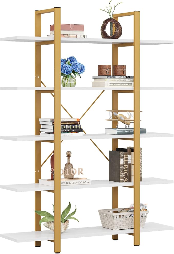 Tribesigns 5-Tier Bookshelf, Vintage Industrial Style Bookcase 70 ‘’ H x 12’’ W x 47’’L, Gold