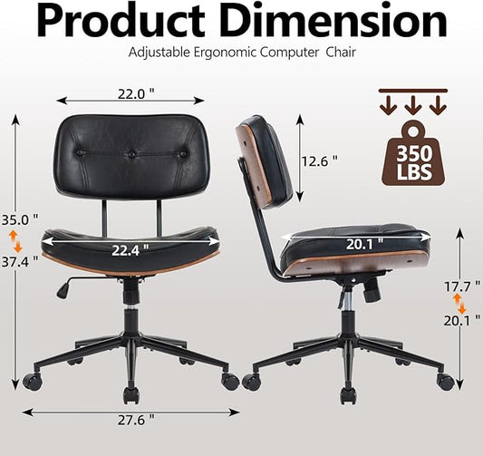Armless Computer Chair, Small Desk Chair with Wheels and Adjustable Height, PU Leather Modern Swivel Walnut Task Chair for Home Office, Study, Library, Black