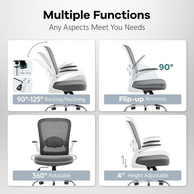 Office Chair,Ergonomic Mesh Desk Chair with Adjustable Lumbar Support,Computer Chair with Flip-up Armrests, Rolling Executive Chairs, Home Office Chair(Grey)