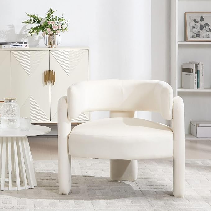Velvet Accent Chair with Arms, Upholstered Barrel Armchair with Curved Back, Comfy Single Side Chair for Reading, Living Room, Home Office, Beige