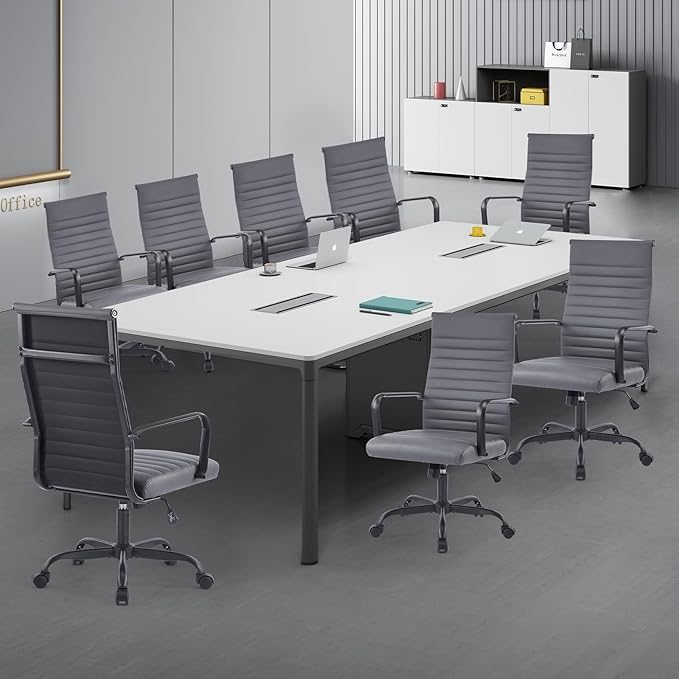 Office Chair, Ergonomic Executive Conference Room Chairs, Ribbed Leather Desk Chair with Lumbar Support, Adjustable Height Mid-Back Swivel Chair with Padded Seat
