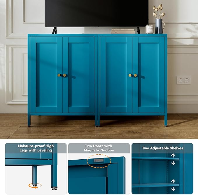 31.5" H Navy Blue Bathroom Cabinet,Blue Storage Cabinet,Metal Bathroom Floor Cabinet with 2 Adjustable Shelves&2 Doors