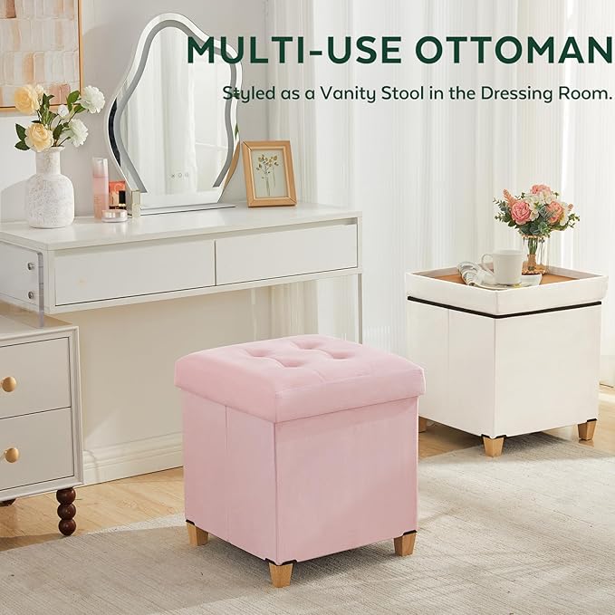 17.7" Ottoman with Storage, Square Storage Ottoman for Dorm, Velvet Ottomans with Legs for Living Room, Bedroom, Pink