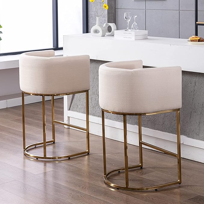 Contemporary Cream Linen Bar Stools Set of 3, 29" Upholstered Fabric Counter Height Barstools Kitchen Counter Island Stools with Screwed Together Golden Metal Base