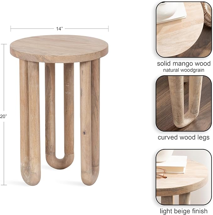 Kate and Laurel Kenzo Modern Wooden Round Side Table; 14 x 14 x 20; Light Natural; Transitional Wood End Table for Use as Bedroom Nightstand or Living Room Accent Table