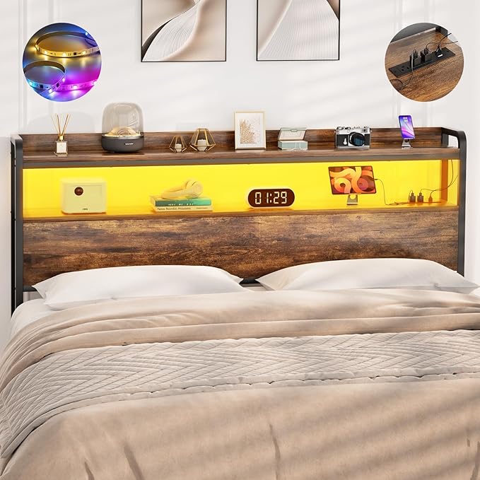Aheaplus Headboard for Full Size Bed Frame, Headboards with Outlets, USB Ports and LED Light, Head Board with Storage, Height Adjustable, Sturdy and Stable Headboard, Full Size, Rustic Brown
