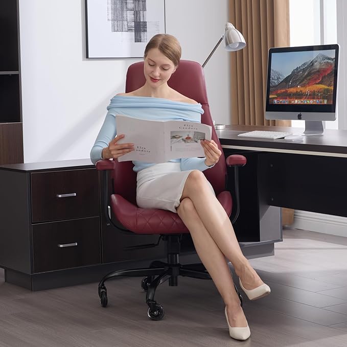 Home Office Desk Chair, Ergonomic High Back Leather Computer Chair with Lumbar Support, Adjustable Height & Recline, Swivel Executive Office Chair with Armrests and Rubber Casters, Red