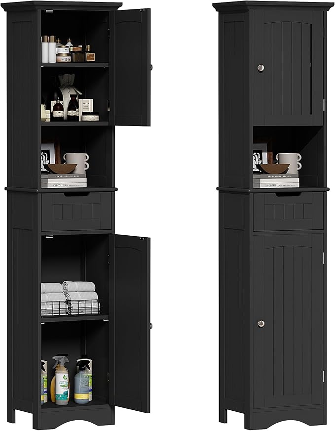 ChooChoo 67" Tall Bathroom Storage Cabinet Freestanding with Adjustable Shelves, Narrow Storage Linen Cabinet with 2 Doors and 1 Drawers for Bathroom, Living Room, Kitchen, Black