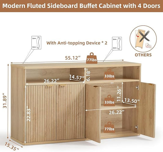 LEYAOYAO Fluted Buffet Cabinet with Storage, 55" Wide Wood Sideboard Credenza with 4 Doors & Open Storage Shelf, Kitchen Entryway Accent Table, Modern Console Cabinets for Dining Room, Natural Oak