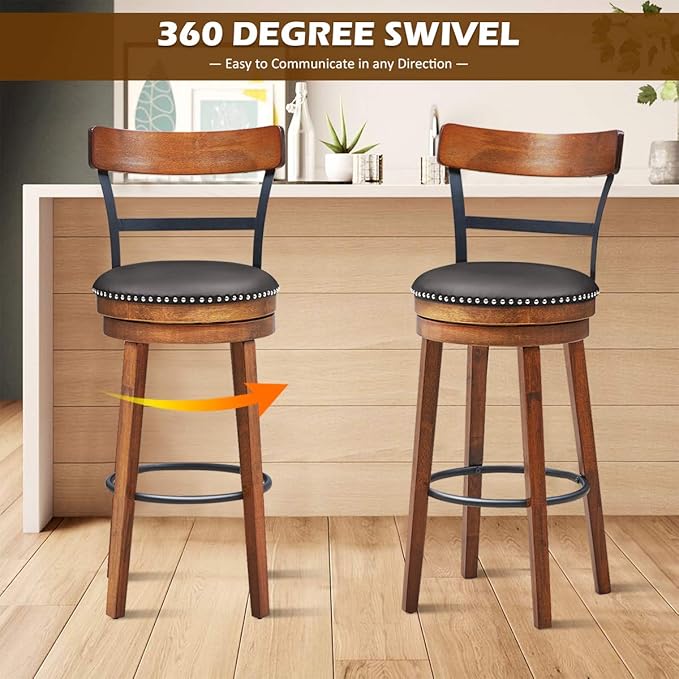 COSTWAY Bar Stools Set of 2, 360-Degree Swivel Stools with Leather Padded Seat, Single Slat Ladder Back & Solid Rubber Wood Legs, Bar Height Stools for Pub, Restaurant, Kitchen, Brown (2, 30.5)