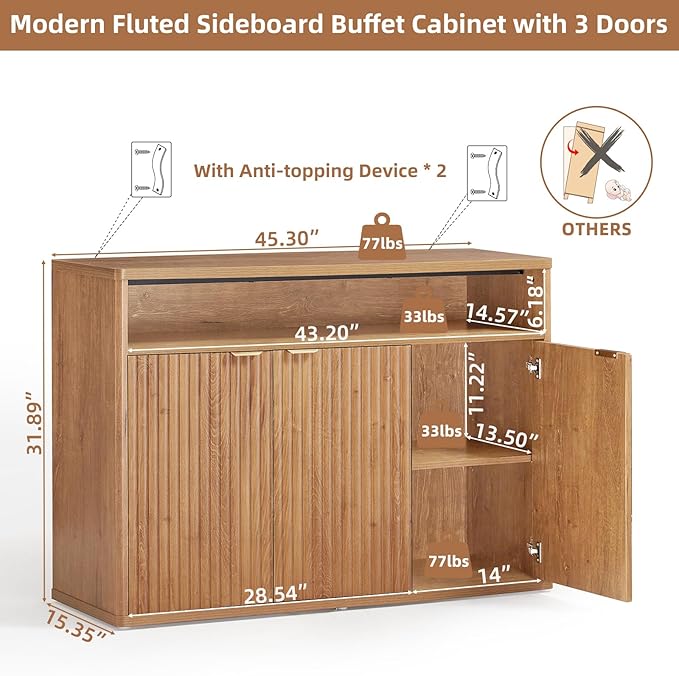 LEYAOYAO Fluted Buffet Cabinet with Storage, 45" Wide Modern Sideboard Credenza with 3 Doors & Open Storage Shelf, Wood Kitchen Console Accent Cabinets, Coffee Bar Table for Dining Room, Tea Brown